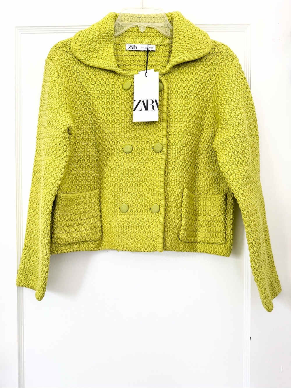 Zara Chunky Knit Cardigan With Peter Pan Collar in Lime Green - Picture 10 of 10